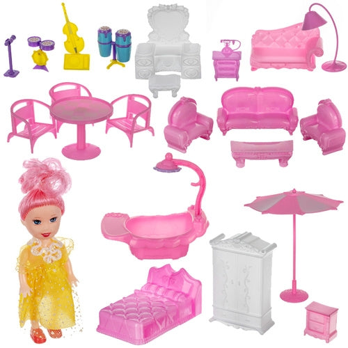 3-Level Dollhouse with Balcony, Doll, 22 Furniture Pieces
