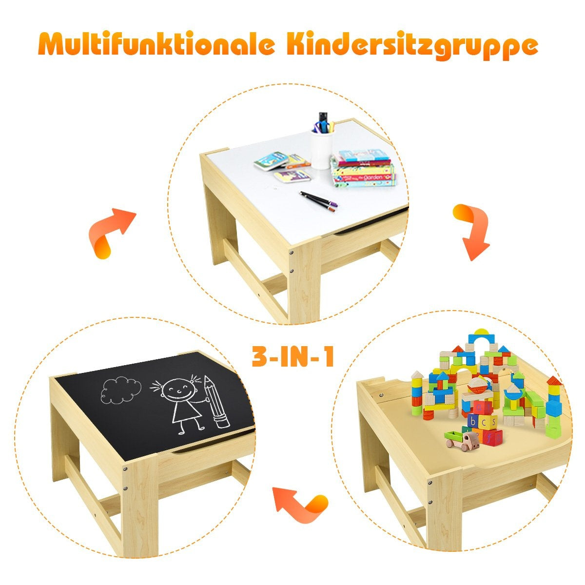 3 PCS. Children's seating group, children's furniture, children's seating set, children's table with 2 wooden chairs, 3 in 1 painting table