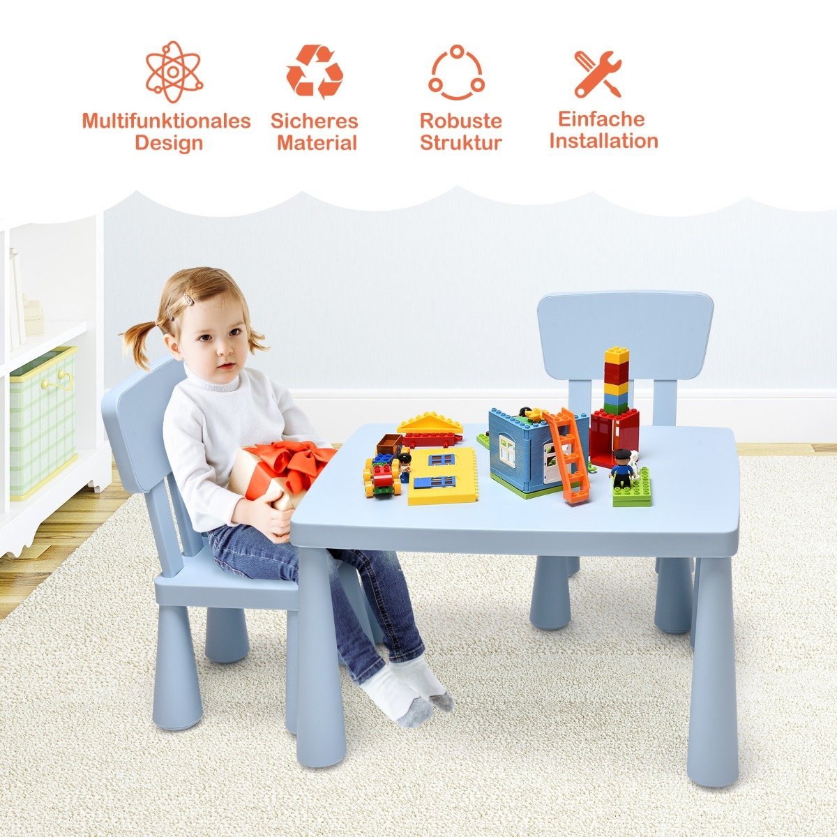 3 PCS. Children's seating group, children's table with 2 chairs, children's furniture made of blue plastic