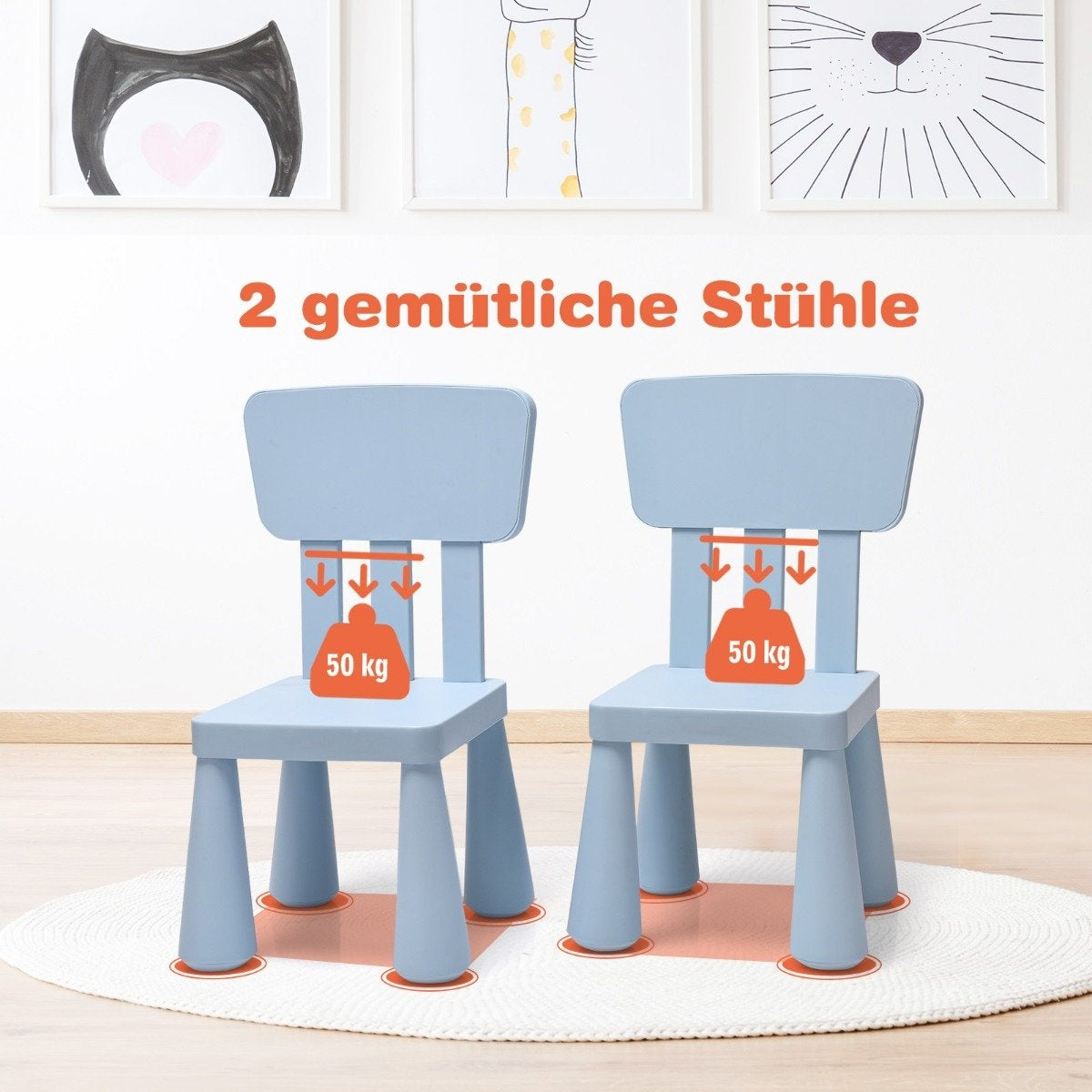 3 PCS. Children's seating group, children's table with 2 chairs, children's furniture made of blue plastic