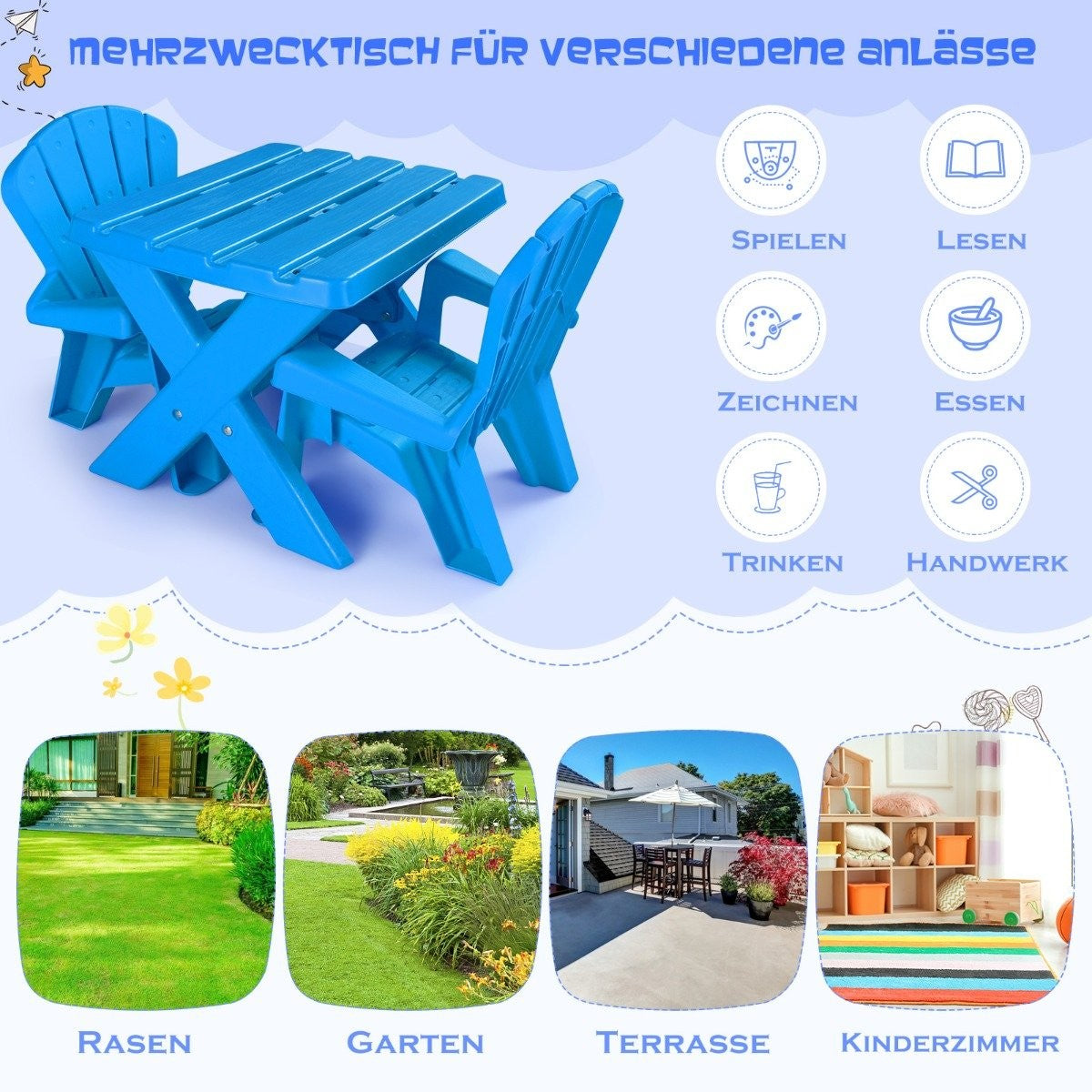 3 PCS. Children's seating group made of plastic children's table with 2 blue Adirondack chairs