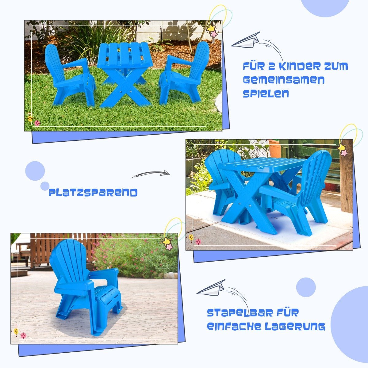 3 PCS. Children's seating group made of plastic children's table with 2 blue Adirondack chairs