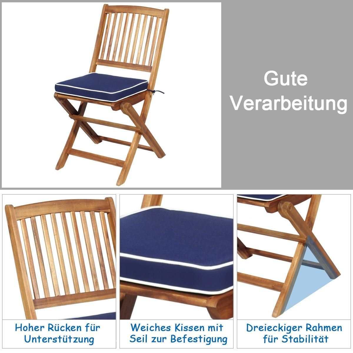 3 PCS. Patio furniture set with round table & 2 chairs & 2 cushions ergonomic seating set blue
