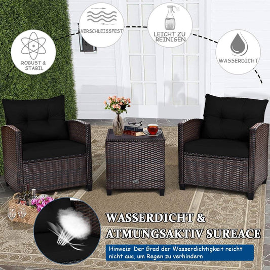 3 PCS. Rattan garden furniture set, balcony furniture, garden lounge with seat cushions and coffee table, black
