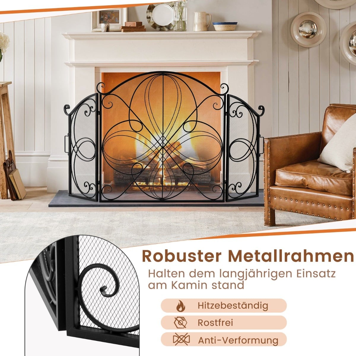 3-Panel Folding Fireplace Screen, Floral Metal Mesh, 151x83 cm