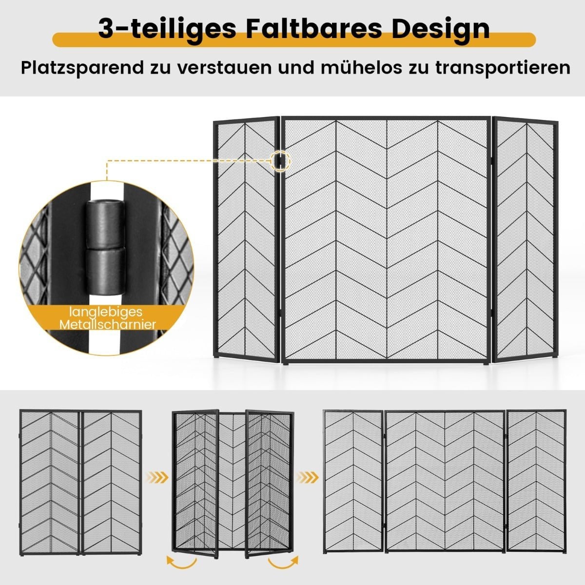 3-Panel Folding Fireplace Screen, Metal Mesh, 132x79 cm