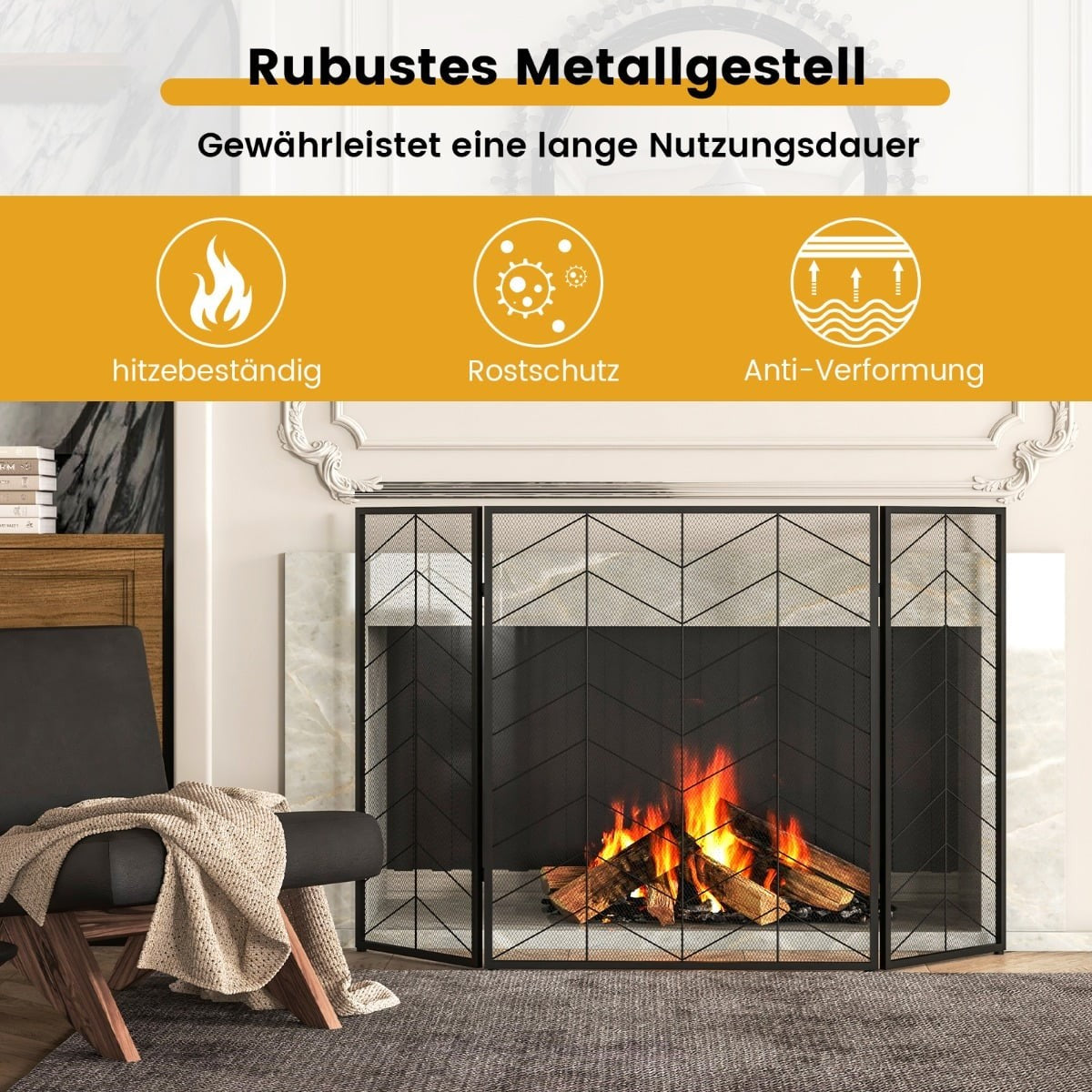3-Panel Folding Fireplace Screen, Metal Mesh, 132x79 cm