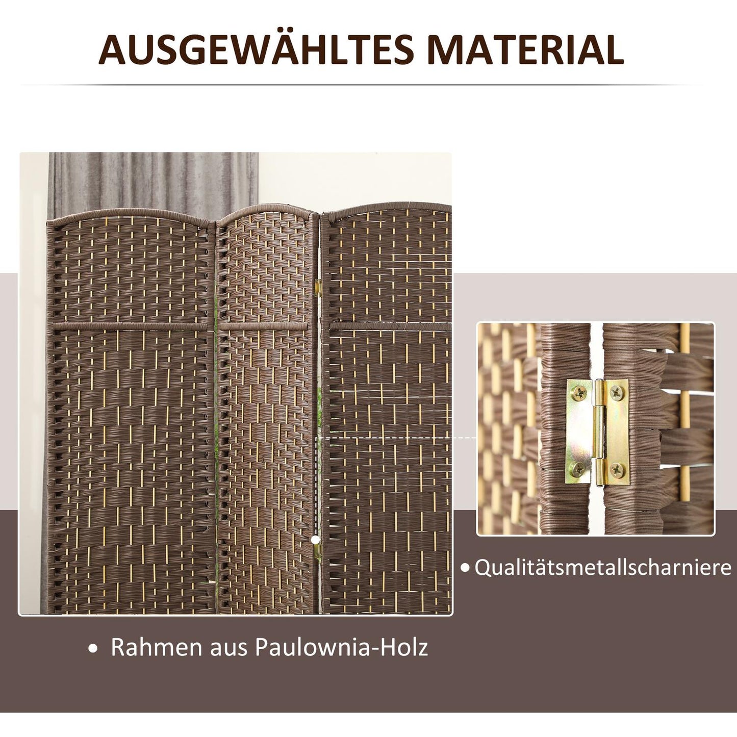 3-Panel Folding Room Divider, Brown Polypropylene, Pine Wood