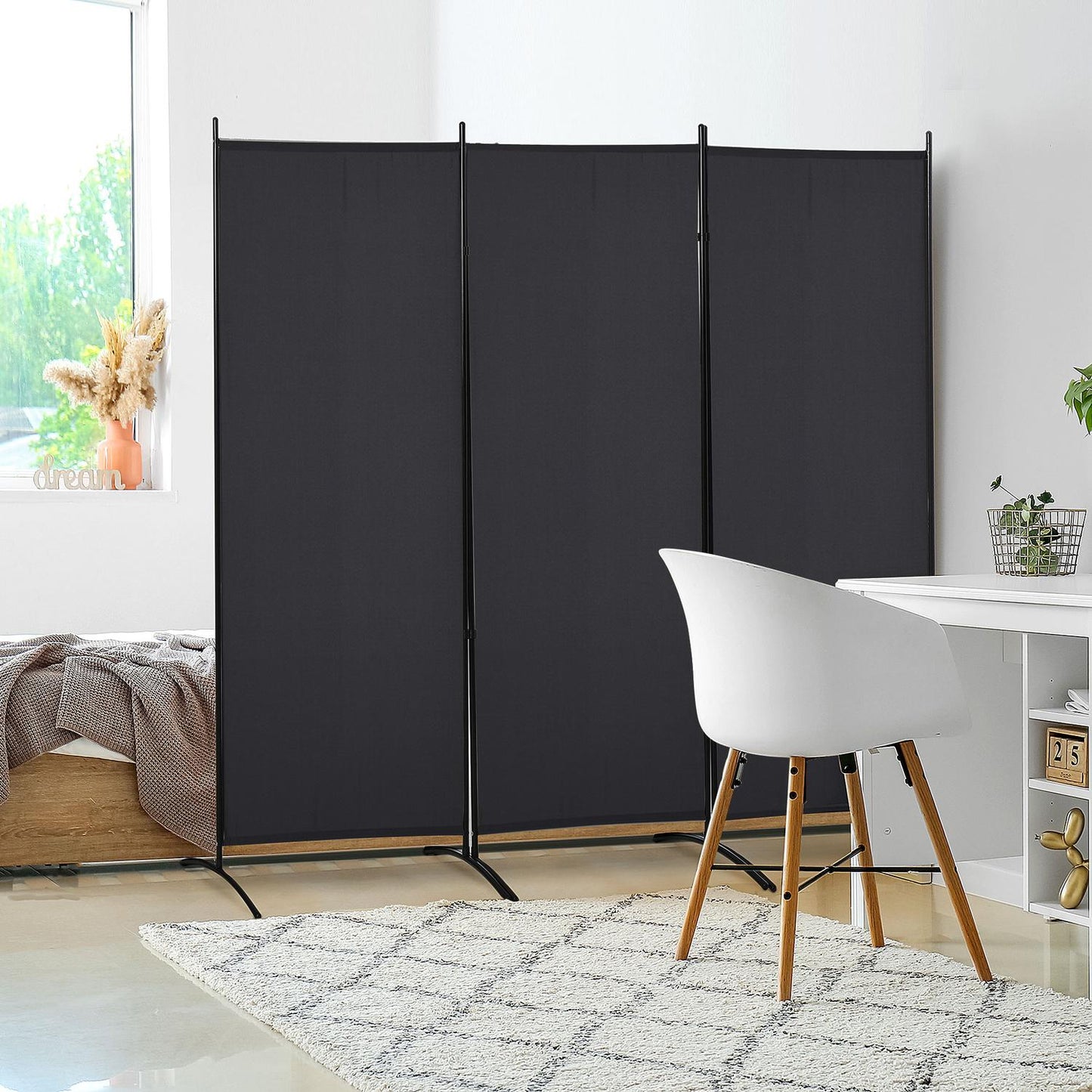 3-Panel Room Divider, Black Metal Frame, Privacy Screen