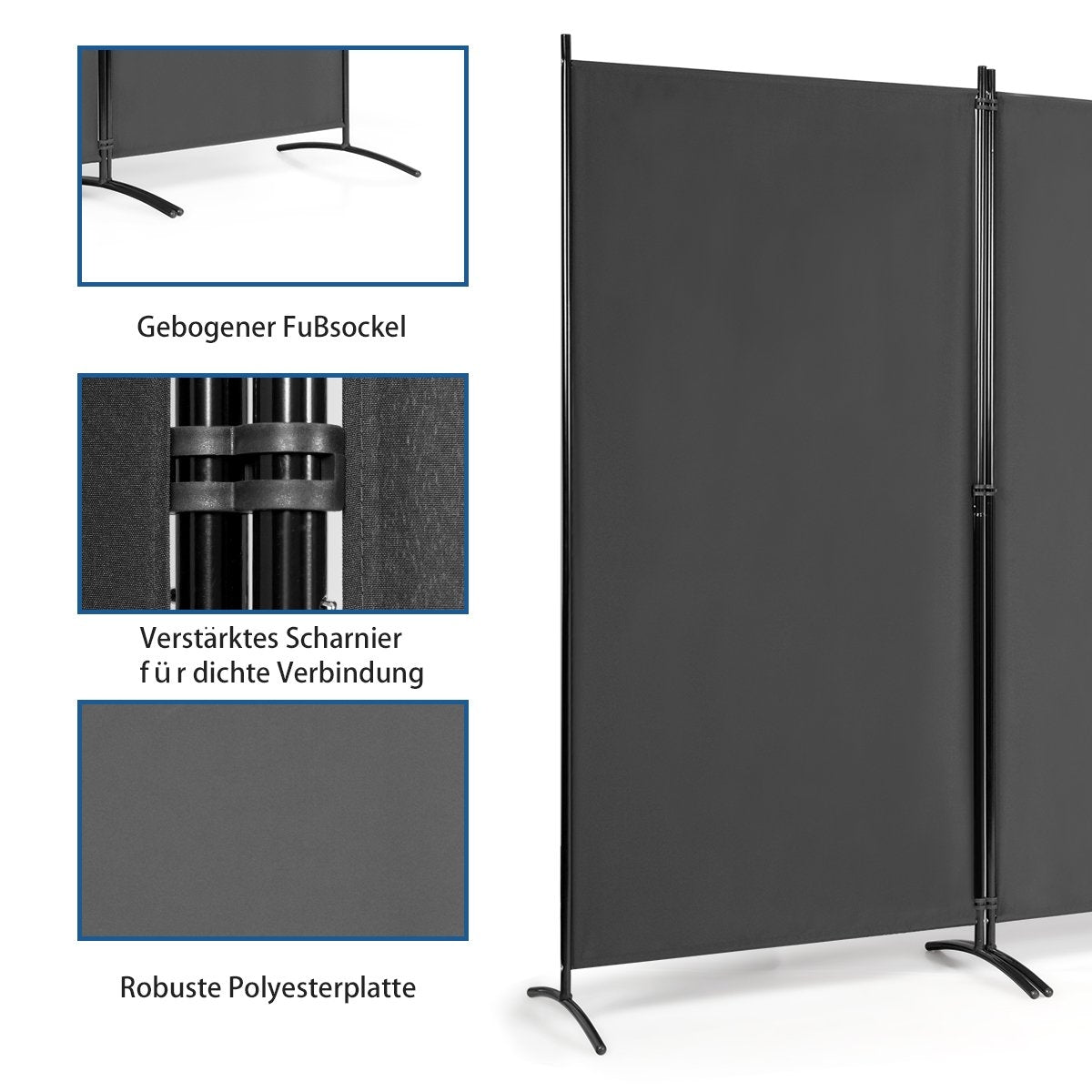 3-Panel Room Divider Foldable Fabric Privacy Screen 260 x 183 cm Gray