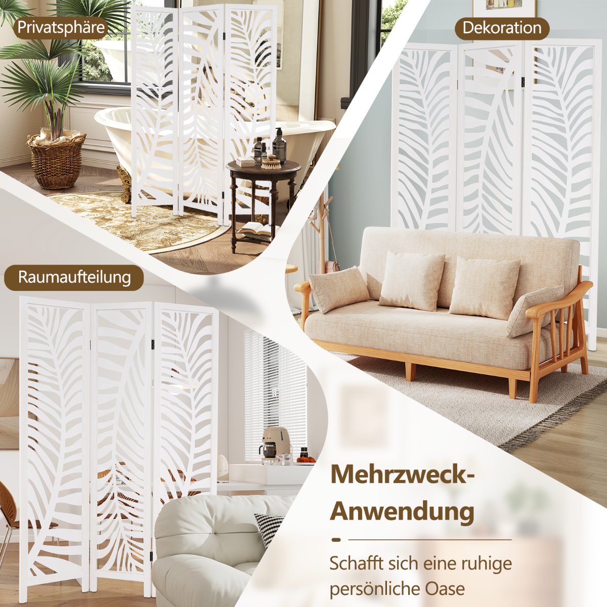 3-Panel Room Divider, Natural Paulownia Wood, White