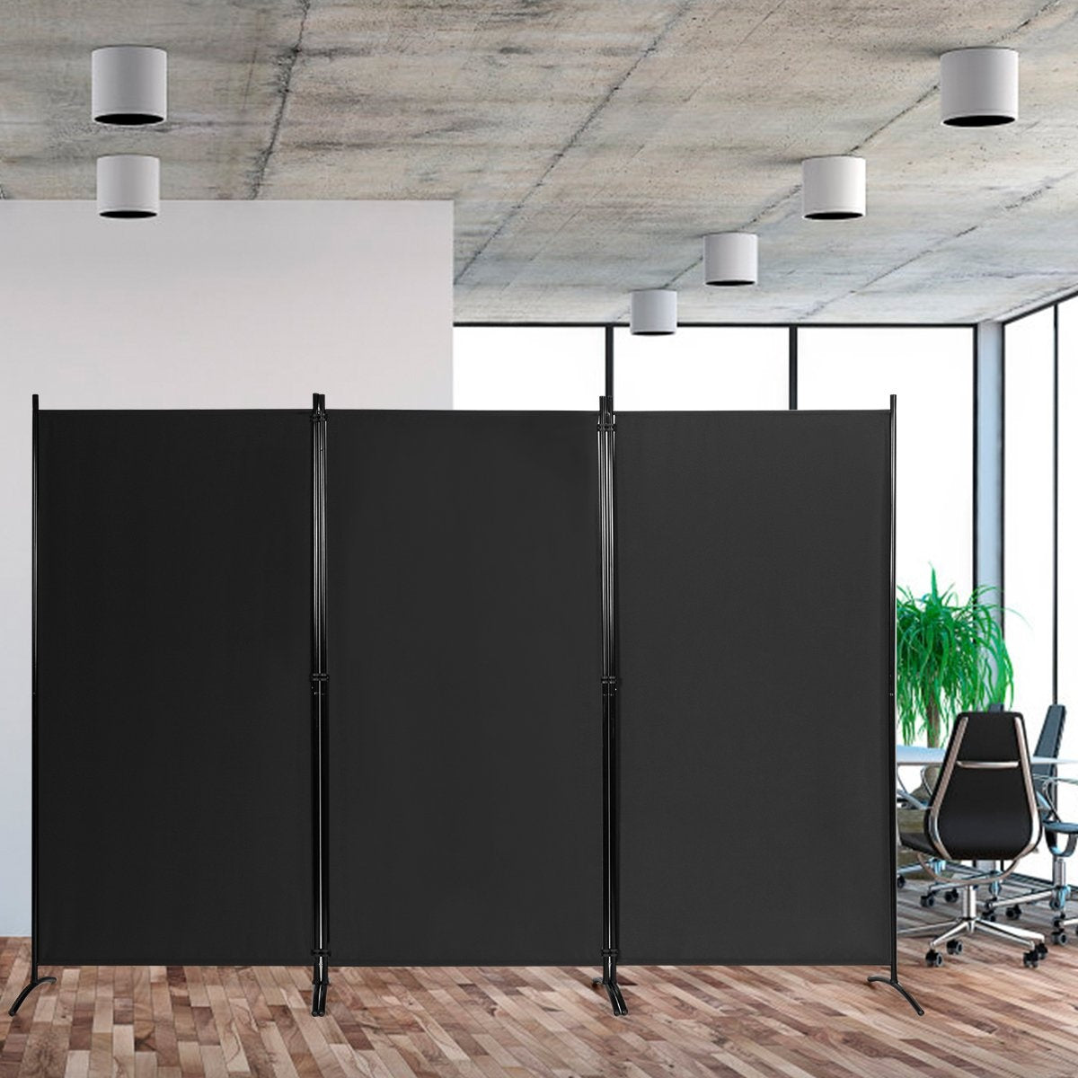3-Panel Room Divider with Adjustable Coasters & Sturdy Hinges & Steel Base Black