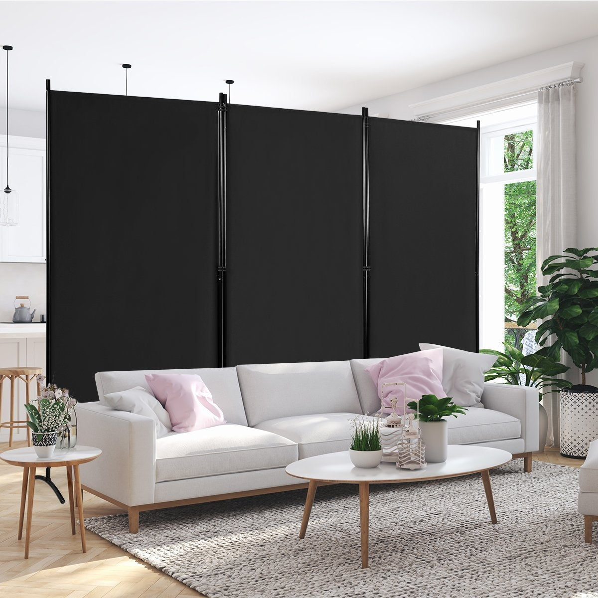 3-Panel Room Divider with Adjustable Coasters & Sturdy Hinges & Steel Base Black