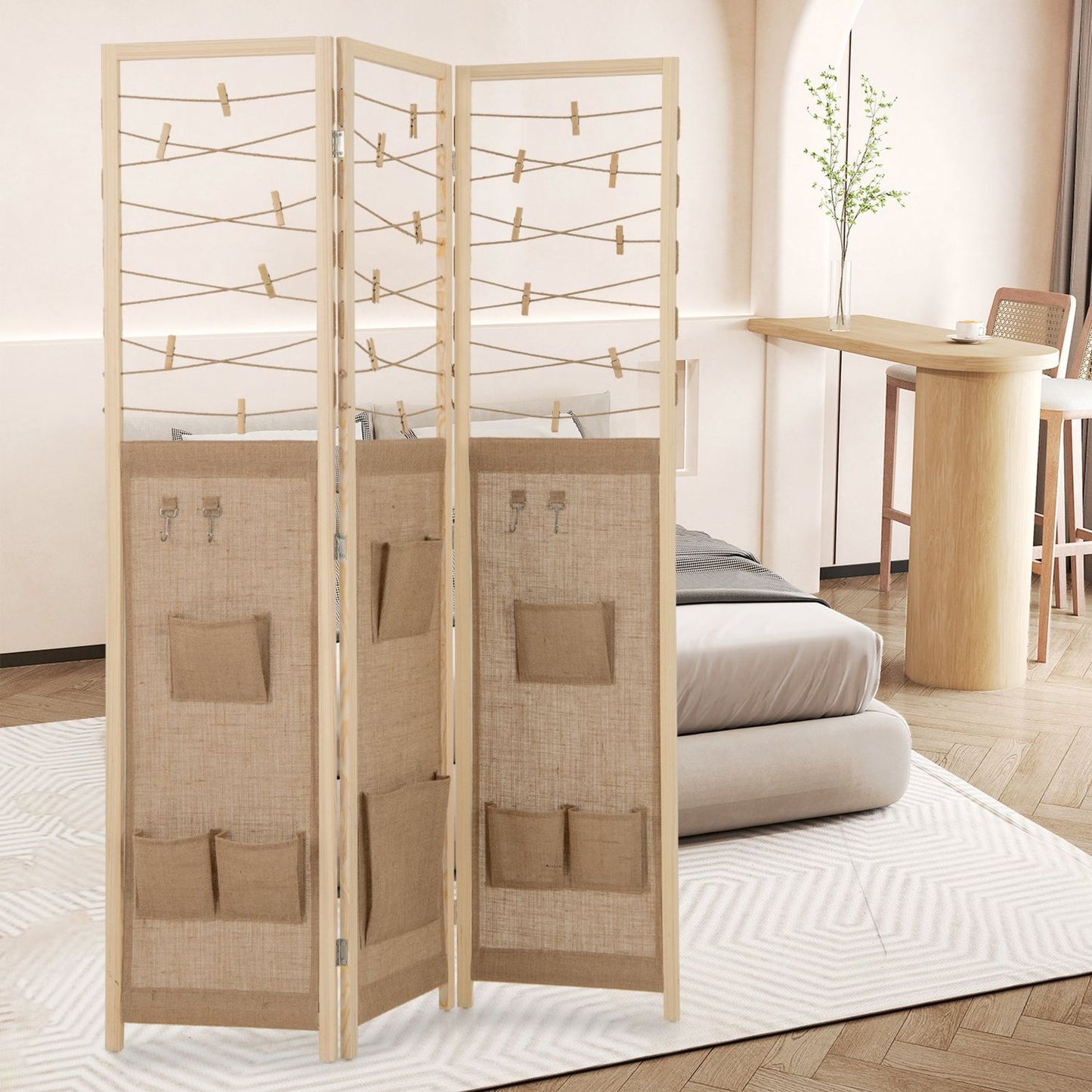 3-Panel Room Divider with Storage, 120×170 cm Wood