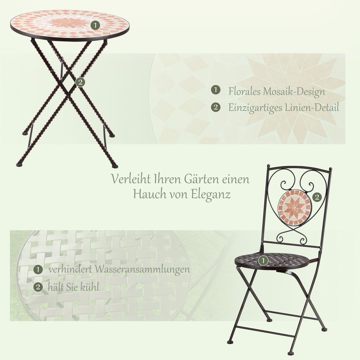 Bistro set - 3 pcs, mosaic metal, table and 2 chairs