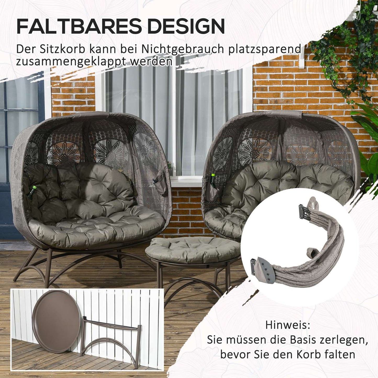 Wicker garden chair set - 3 pcs with table and cushions