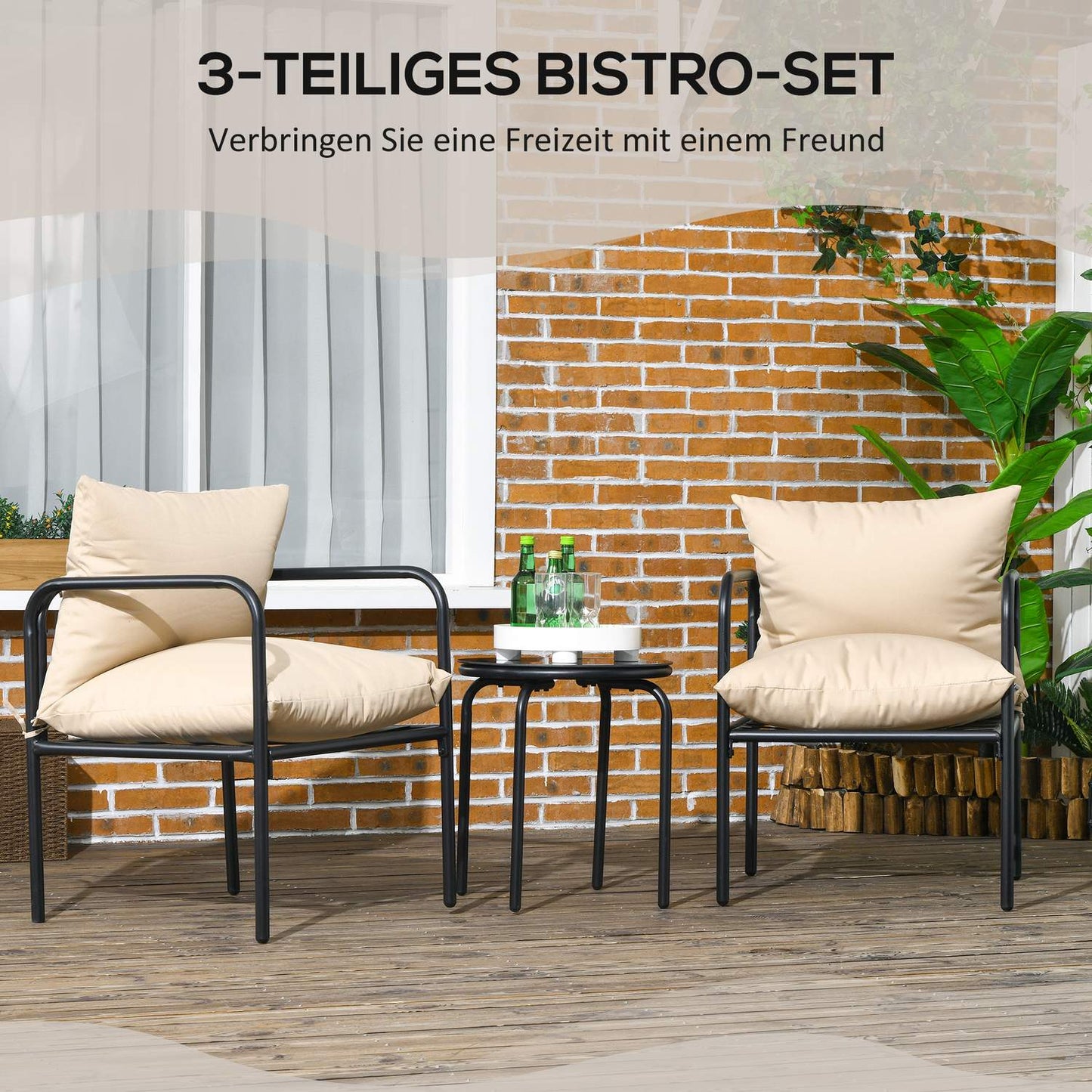 Garden Bistro Set: 3-piece steel furniture with cushions