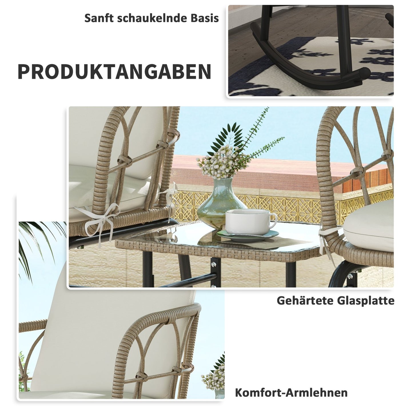 Garden rocking chair set with cushions - 3 pieces