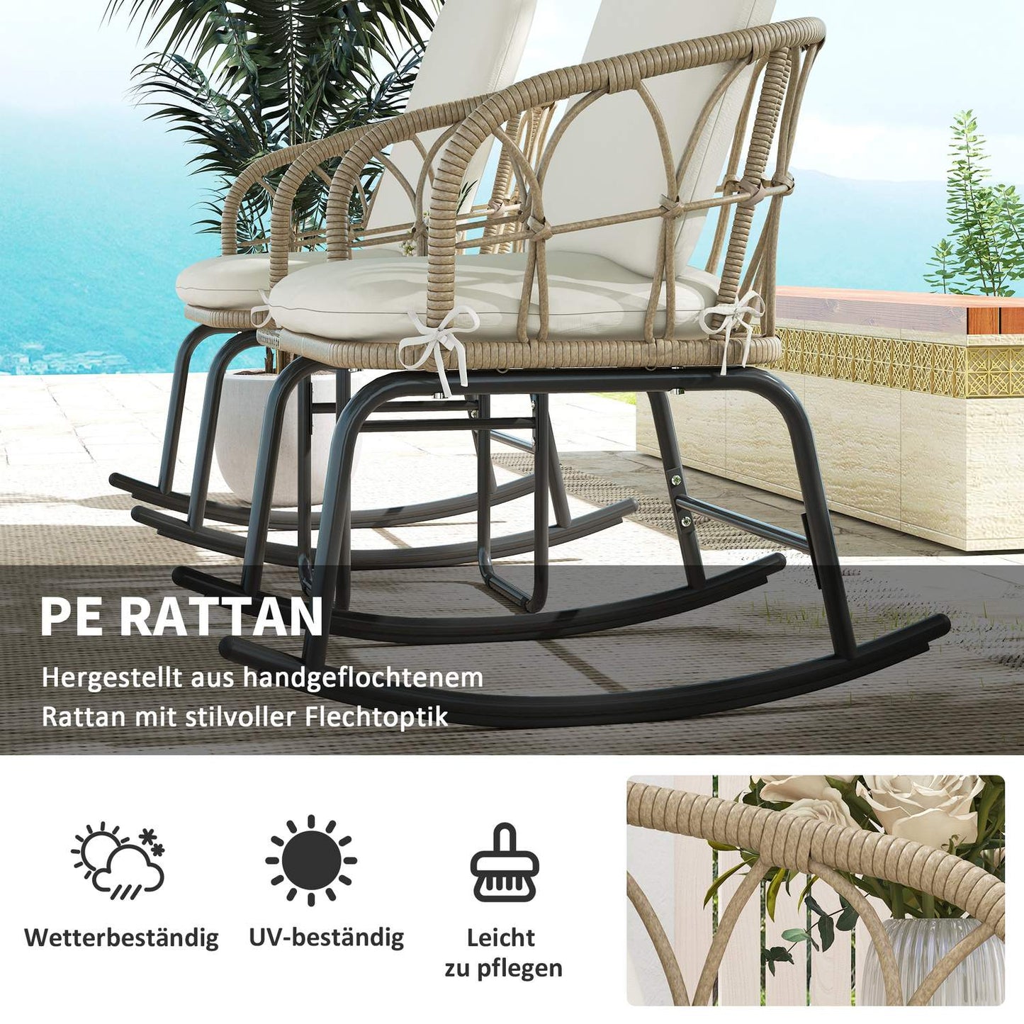 Garden rocking chair set with cushions - 3 pieces
