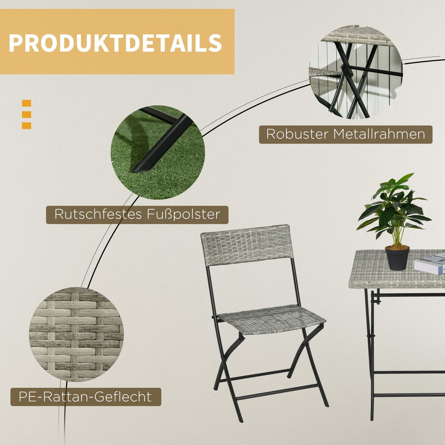 3-piece light gray metal bistro set - folding table and chairs