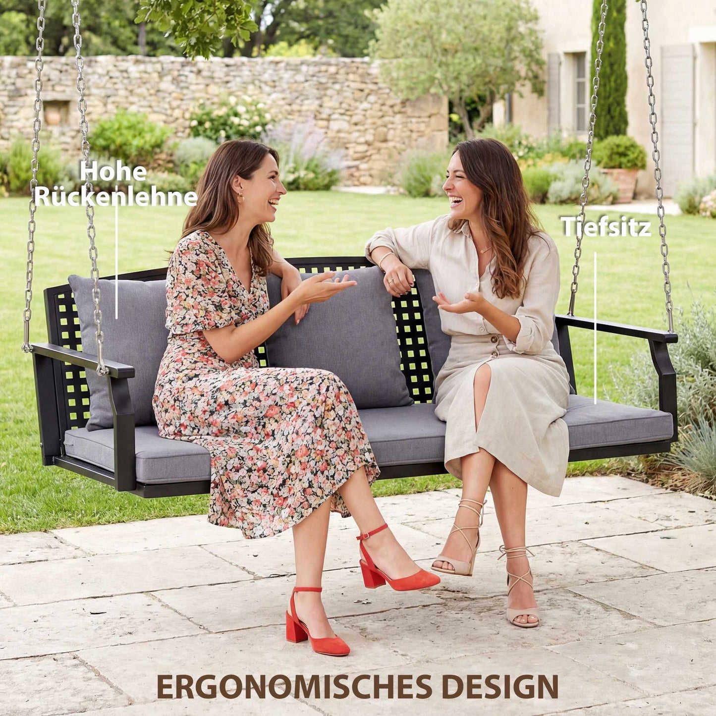 3-Person Outdoor Swing Bench with Cushions, Adjustable Chains