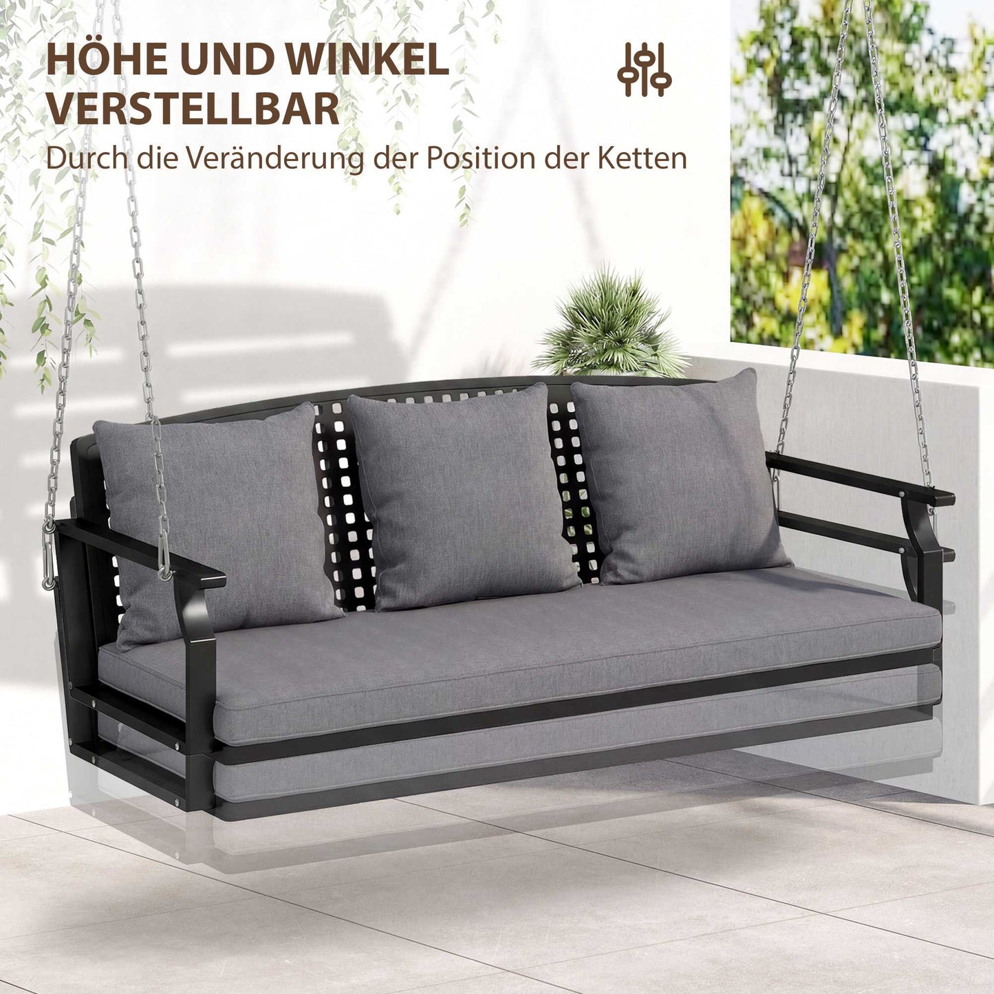 3-Person Outdoor Swing Bench with Cushions, Adjustable Chains
