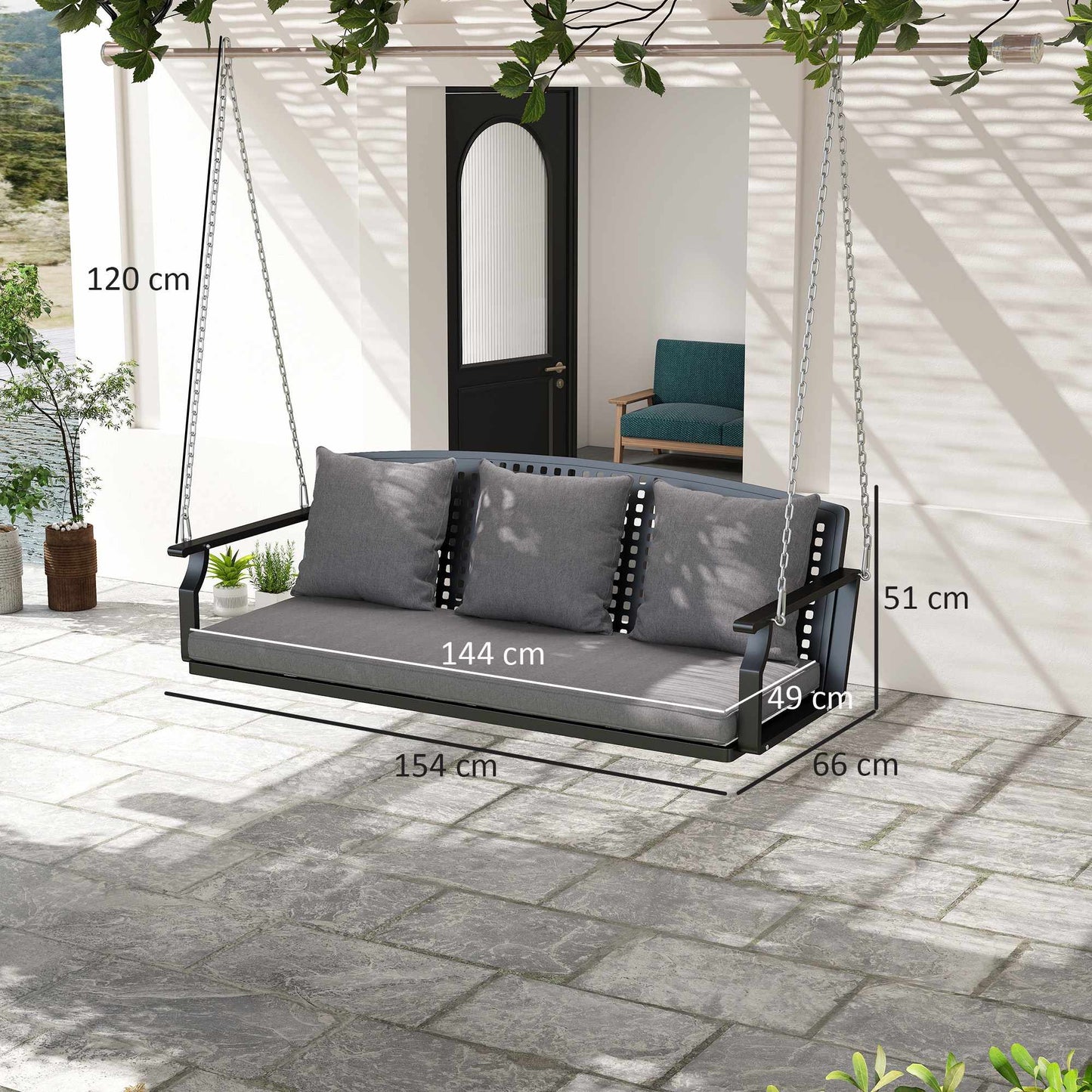 3-Person Outdoor Swing Bench with Cushions, Adjustable Chains