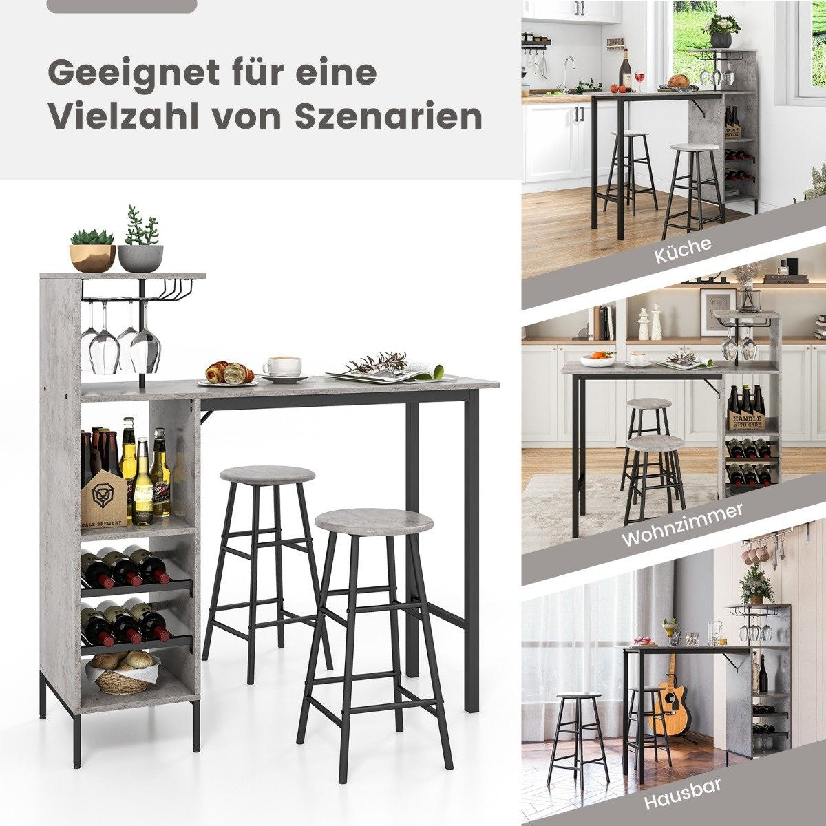 3 Piece Bar Table & Chair Set Industrial Pub Table & Stool Gray