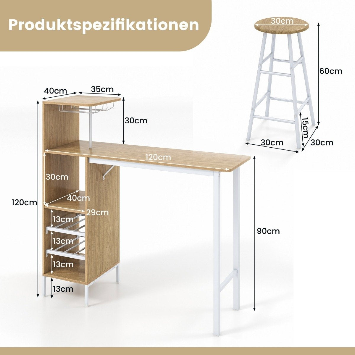 3 Piece Bar Table & Chair Set Industrial Pub Table & Stool Natural