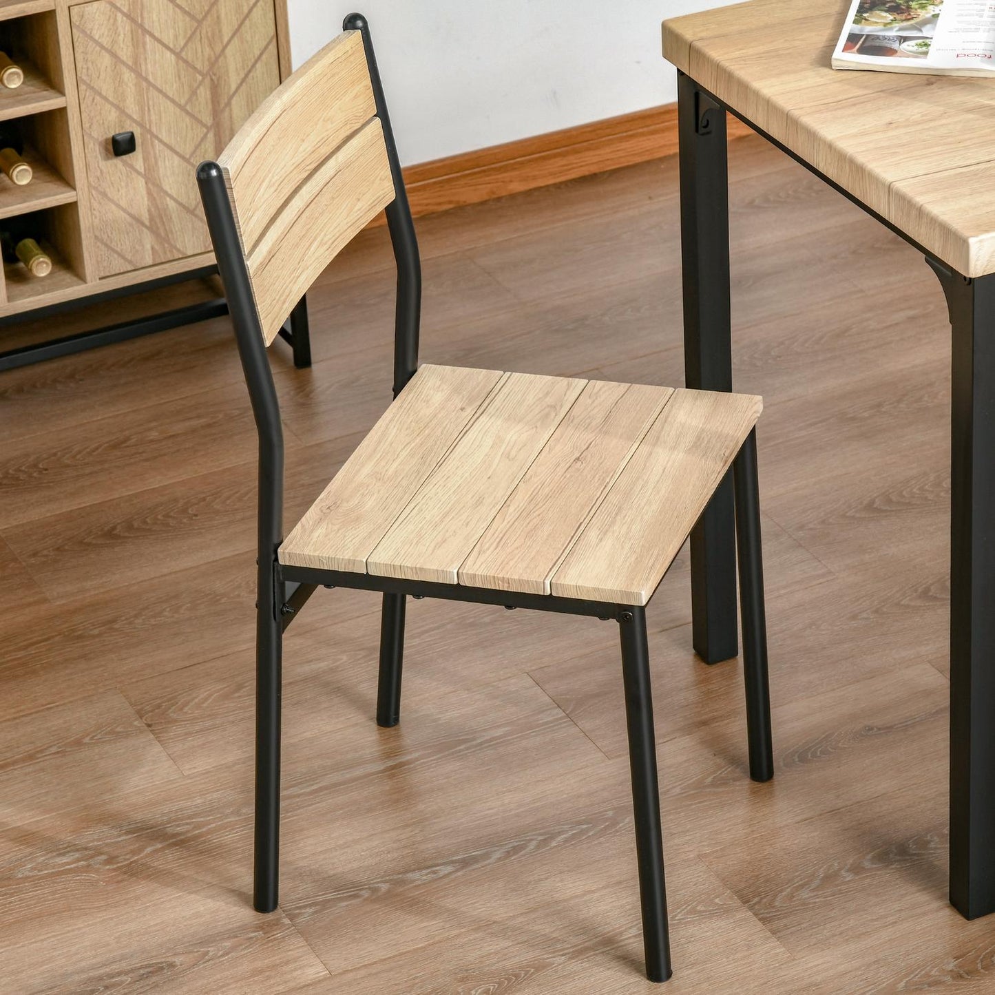 3-piece dining room set, MDF table and metal chairs, wood finish