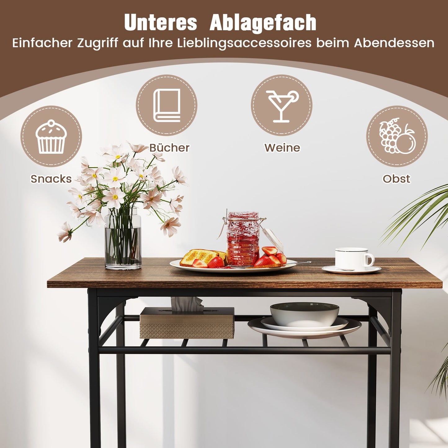 3-Piece Dining Set, Wood Table & Metal Frame, Brown