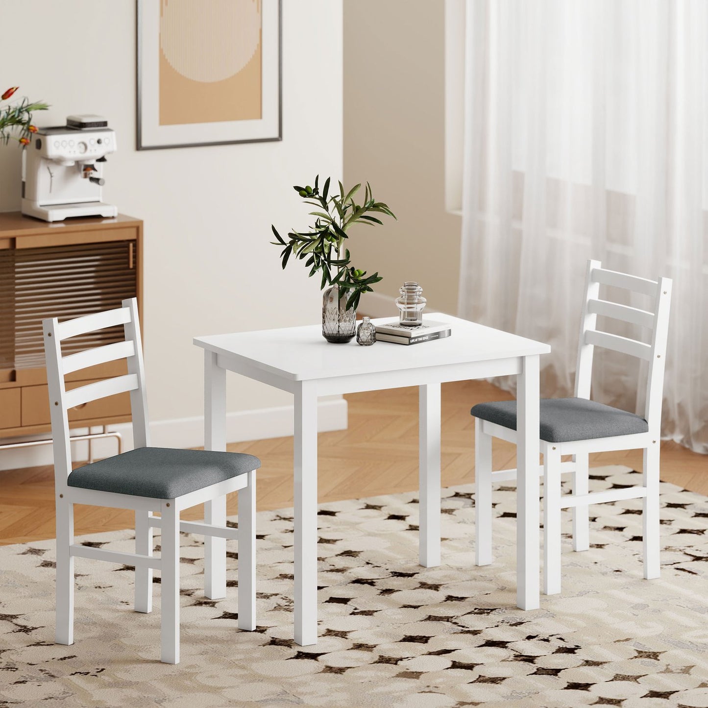 3-Piece Dining Set with 2 Chairs, Space-Saving, White MDF