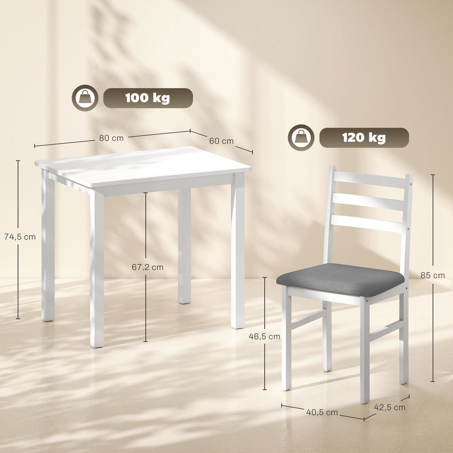 3-Piece Dining Set with 2 Chairs, Space-Saving, White MDF
