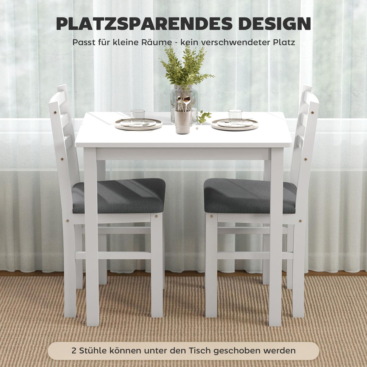 3-Piece Dining Set with 2 Chairs, Space-Saving, White MDF