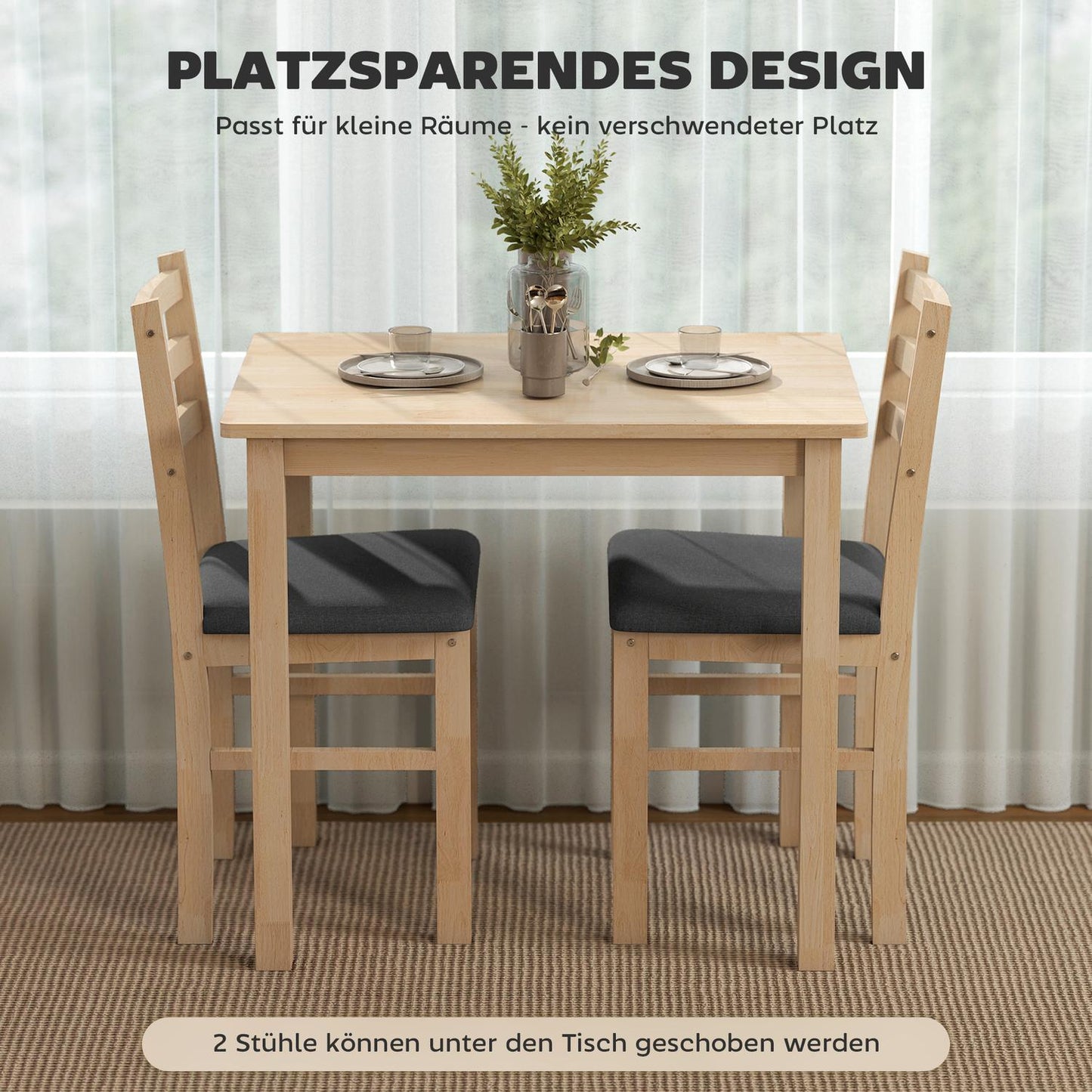 3-Piece Dining Set with 2 Chairs, Space-Saving, Wood