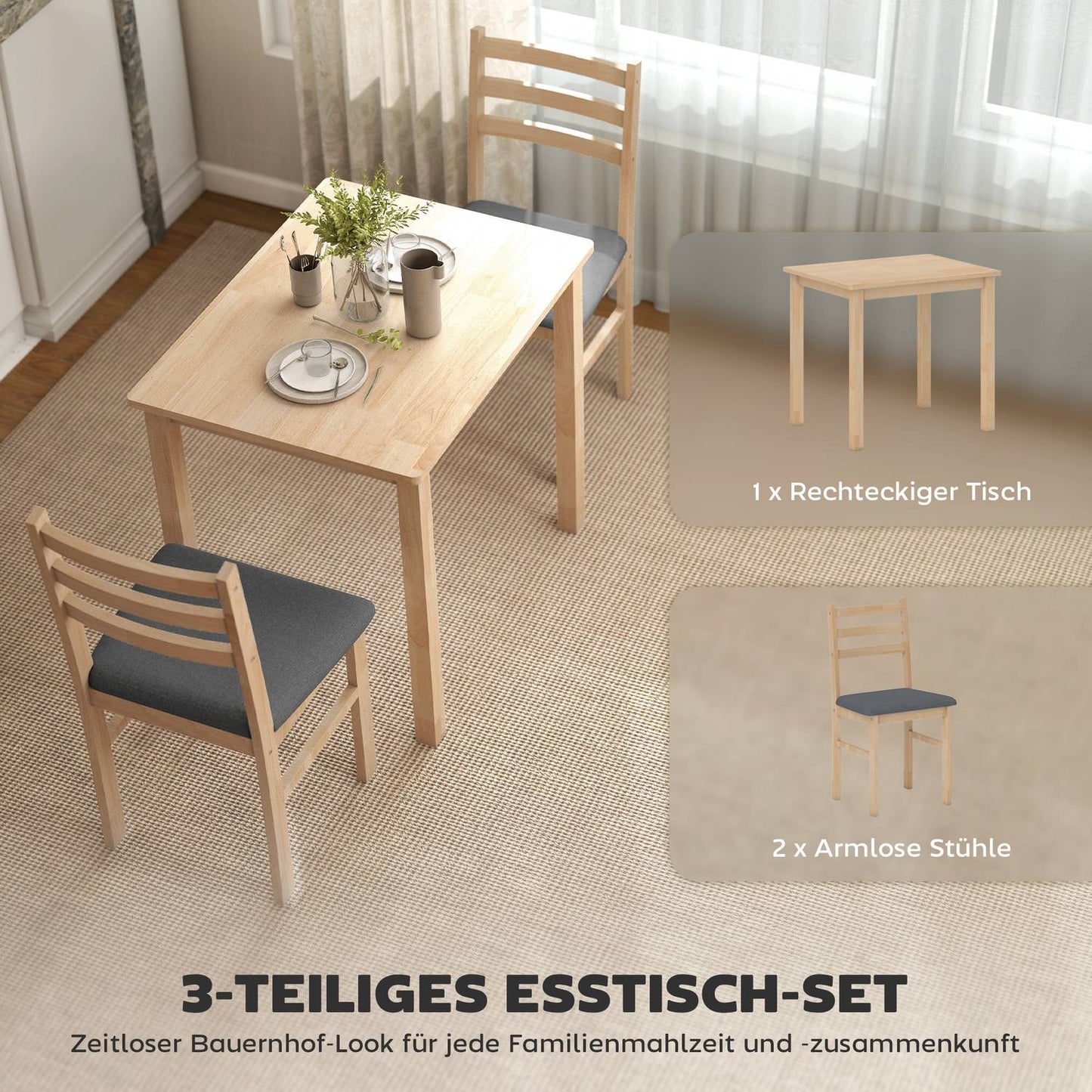 3-Piece Dining Set with 2 Chairs, Space-Saving, Wood