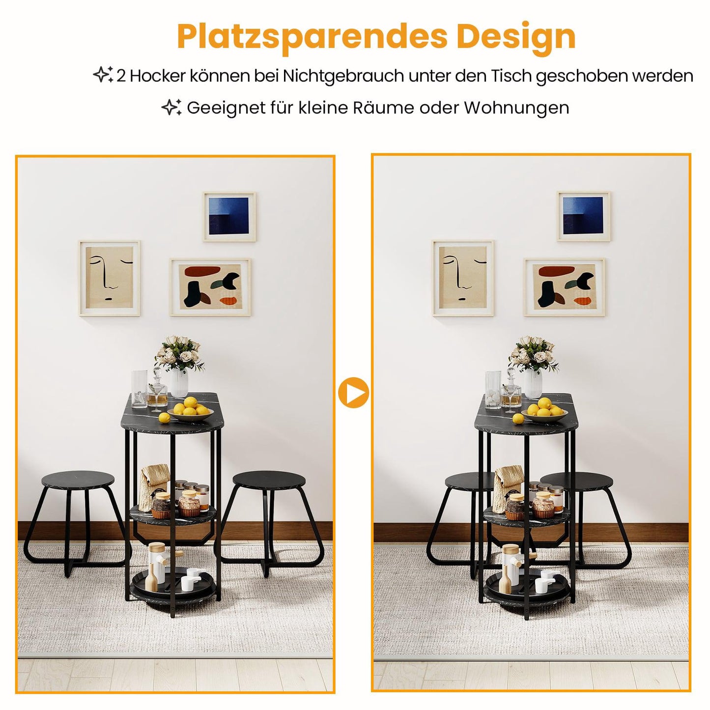3-Piece Dining Set with Table & 2 Stools, Space-Saving
