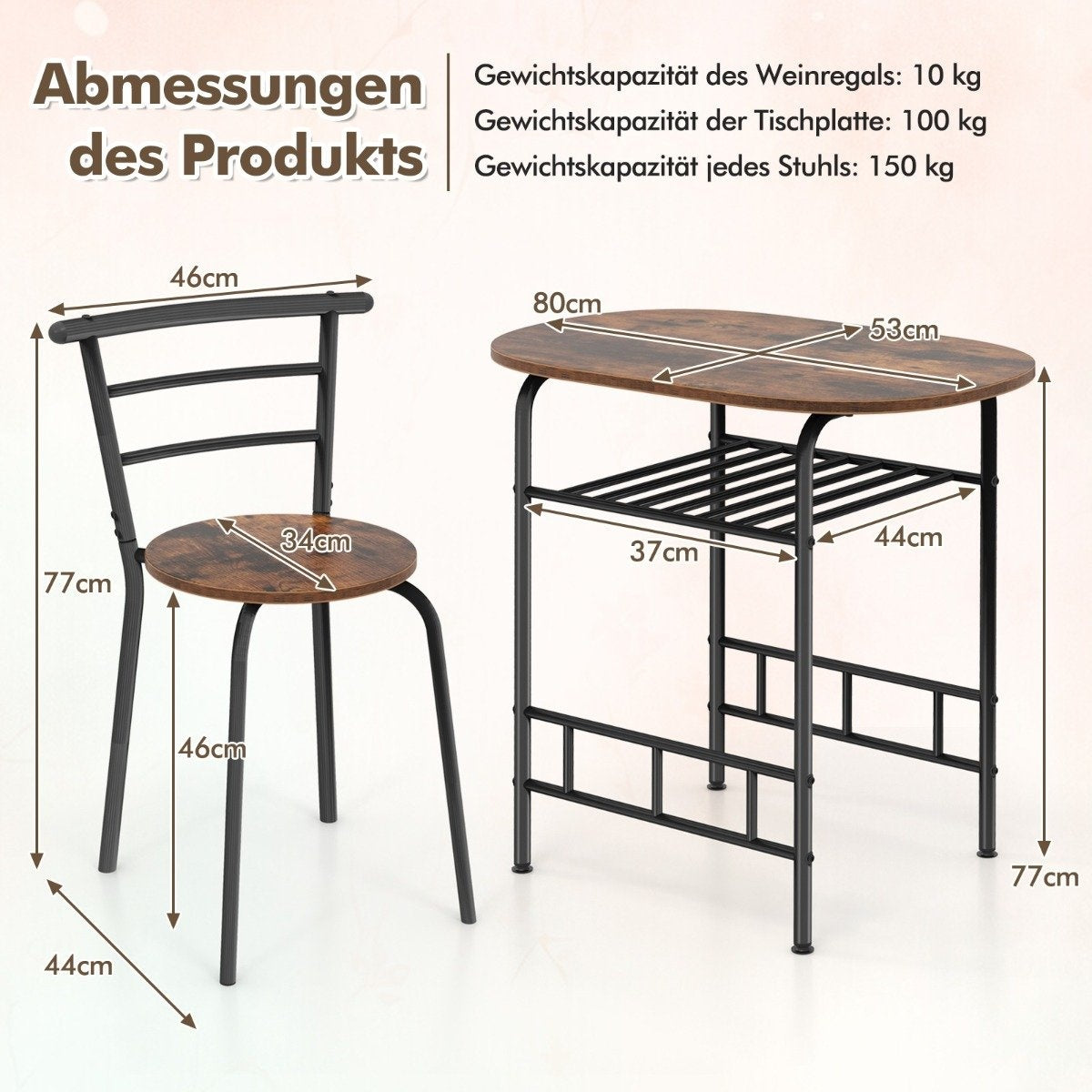 3-Piece Dining Set with Table and 2 Chairs, Space-Saving
