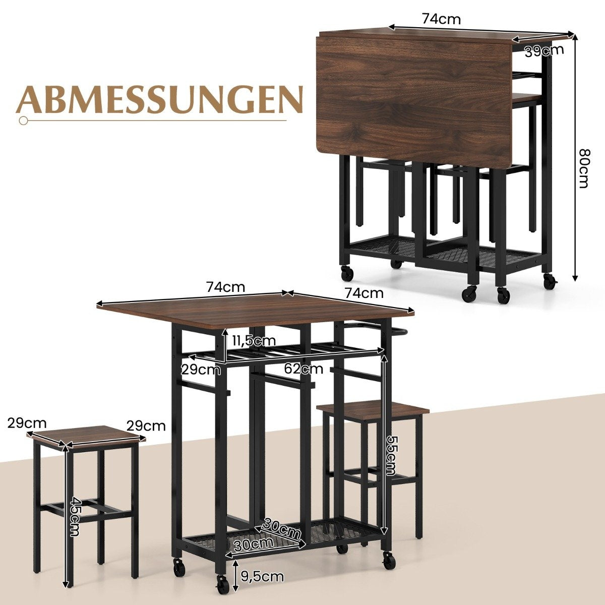 3 Piece Dining Table Set Extendable Kitchen Table on Wheels with 2 Chairs & Wine Rack & Shelves
