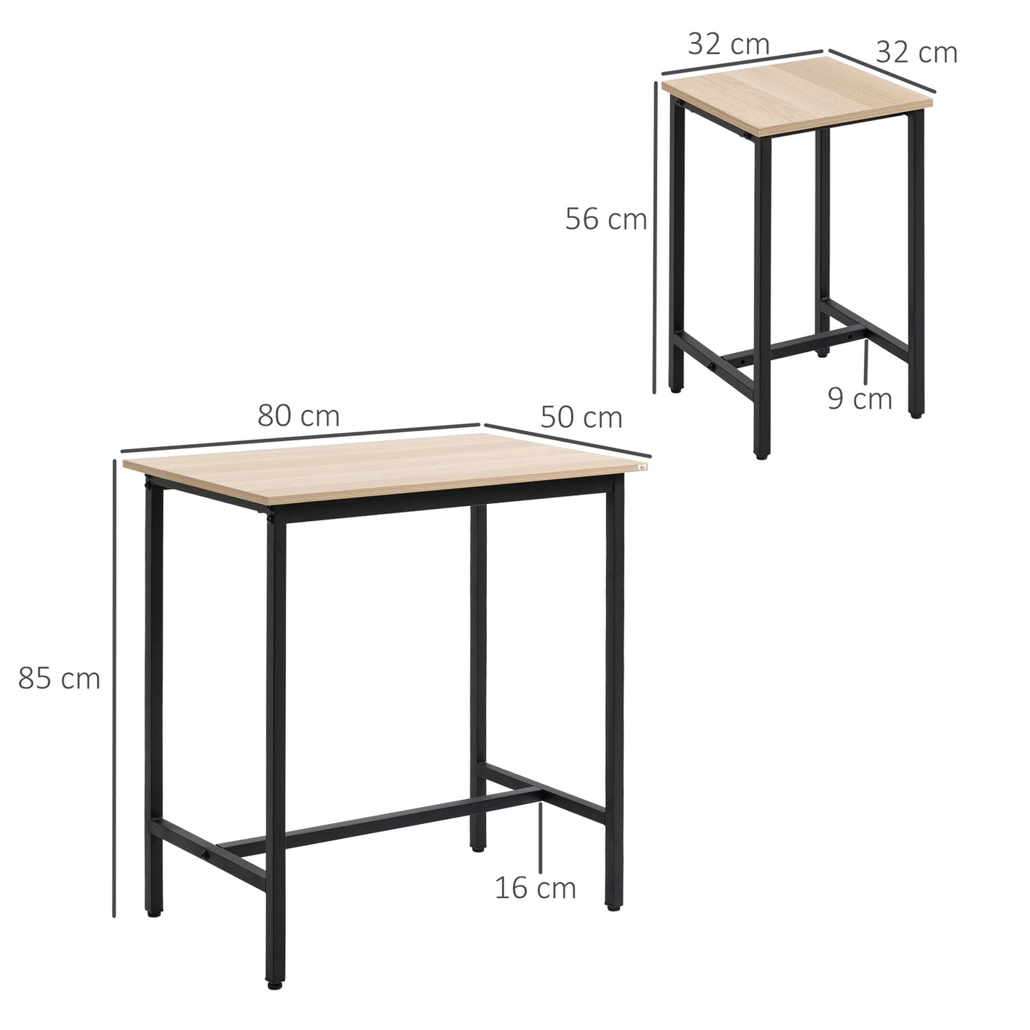 3-piece bistro set, natural wood look and steel, 80x50x85 cm