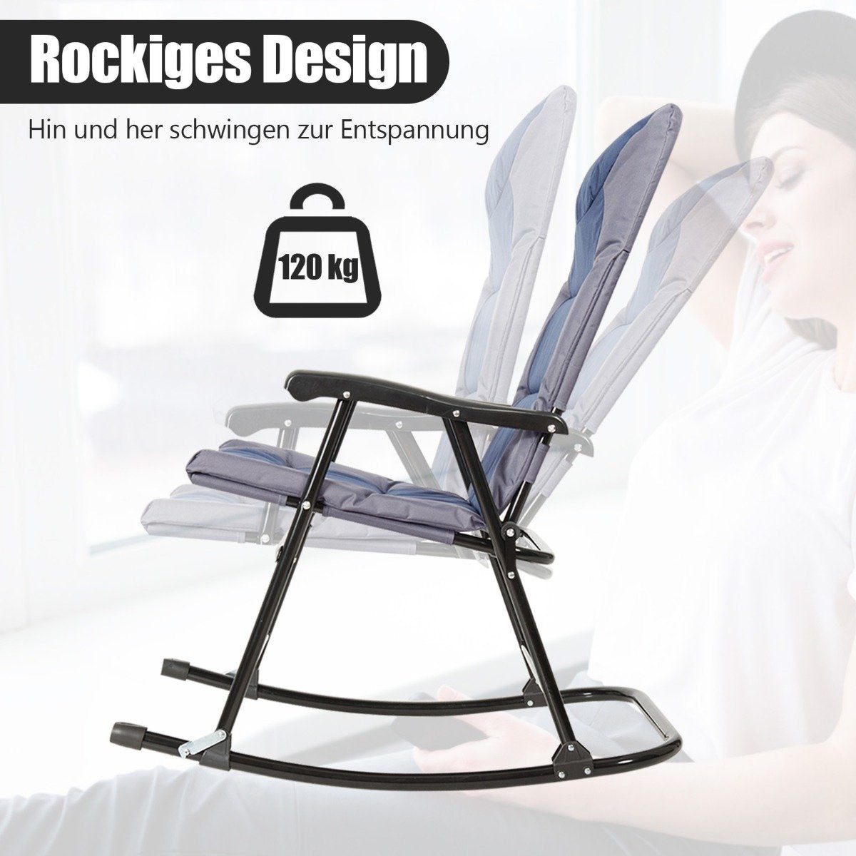 3 Piece Folding Bistro Set Outdoor Rocking Chairs with Table Blue + Gray