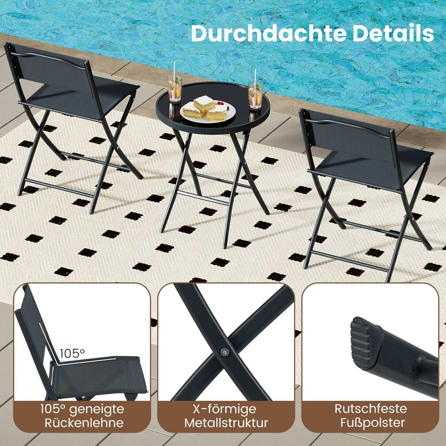 3-Piece Folding Bistro Set with Glass Table – Black