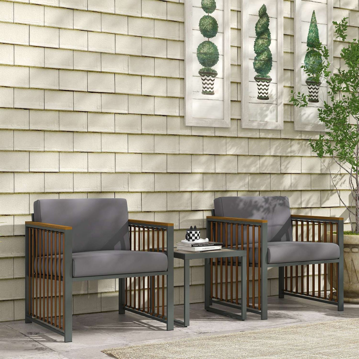 3-piece gray garden bistro set - chairs and table with cushions