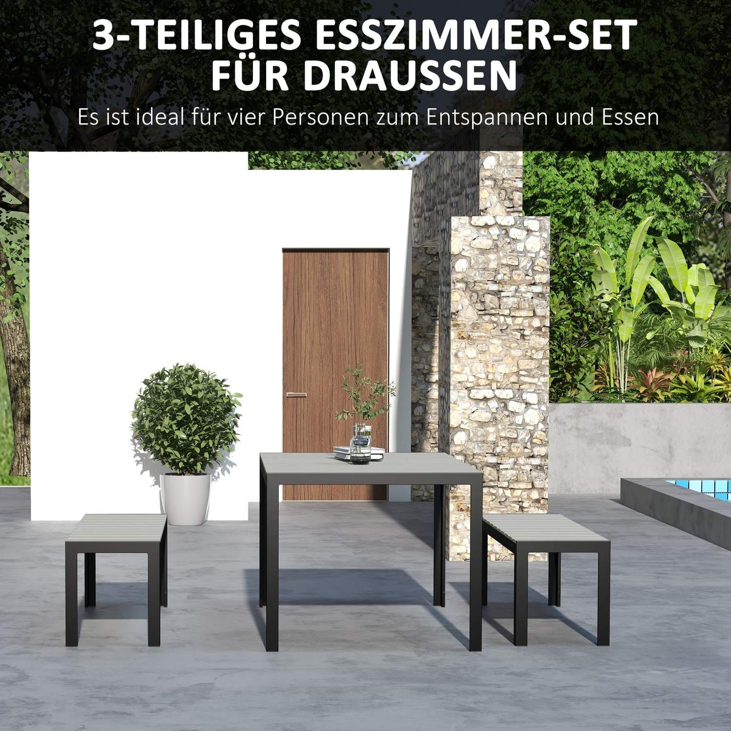 3-piece steel garden set - 2 benches and table, grey
