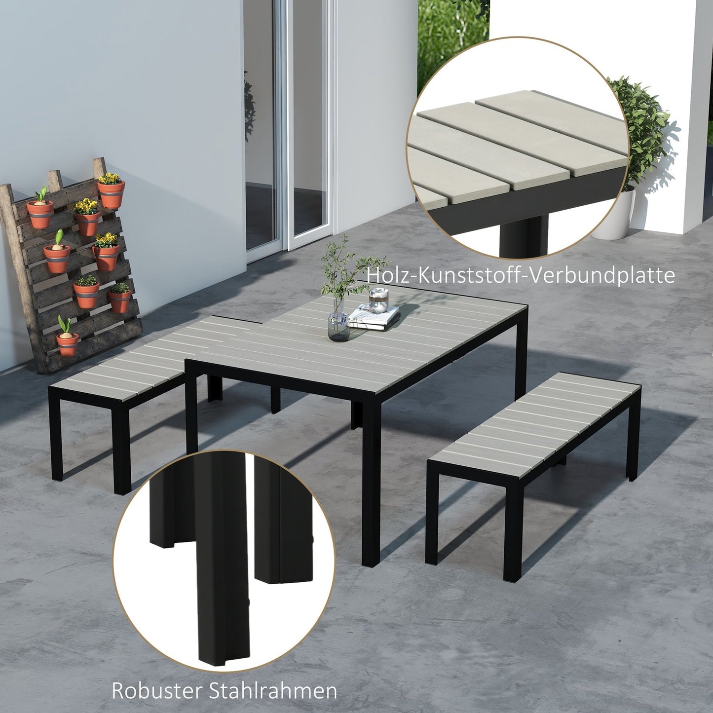 3-piece steel garden set - 2 benches and table, grey