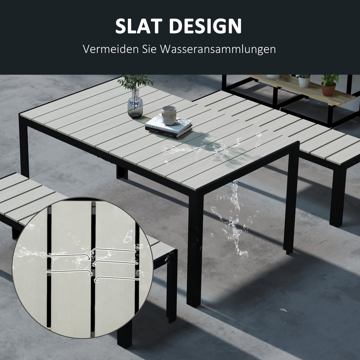 3-piece steel garden set - 2 benches and table, grey