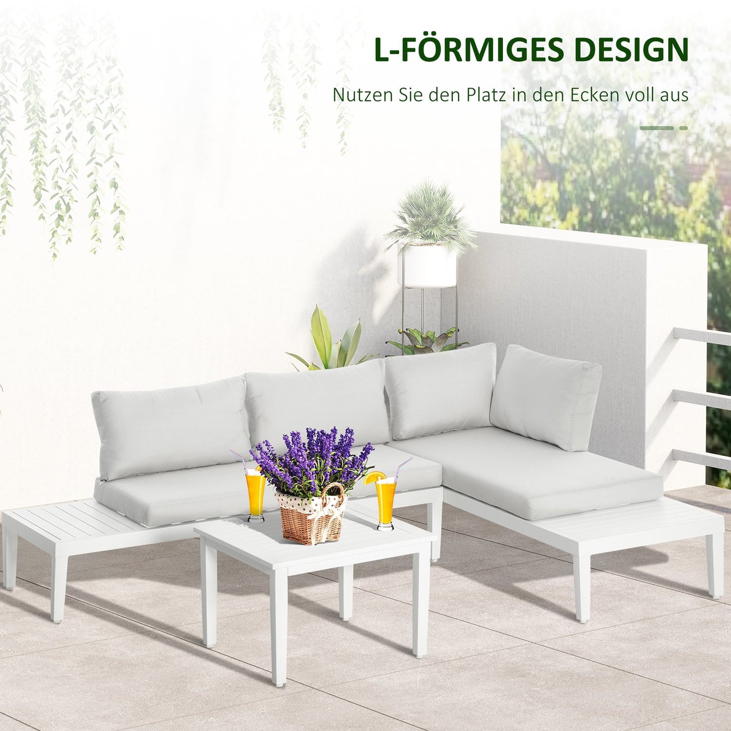 Outdoor aluminum garden sofa set with padded side table