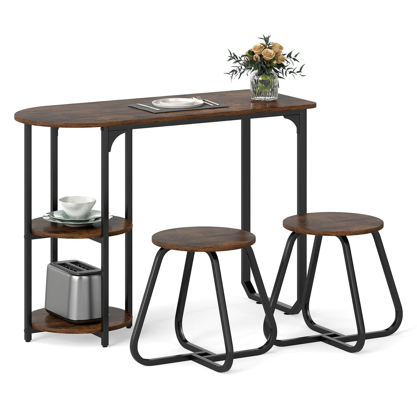 3-Piece Industrial Dining Set with Storage Shelves