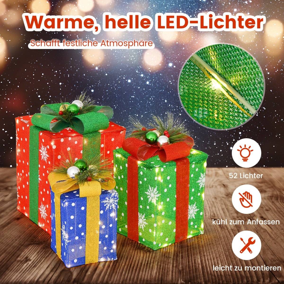3-Piece LED Christmas Gift Boxes with 52 Warm White Lights