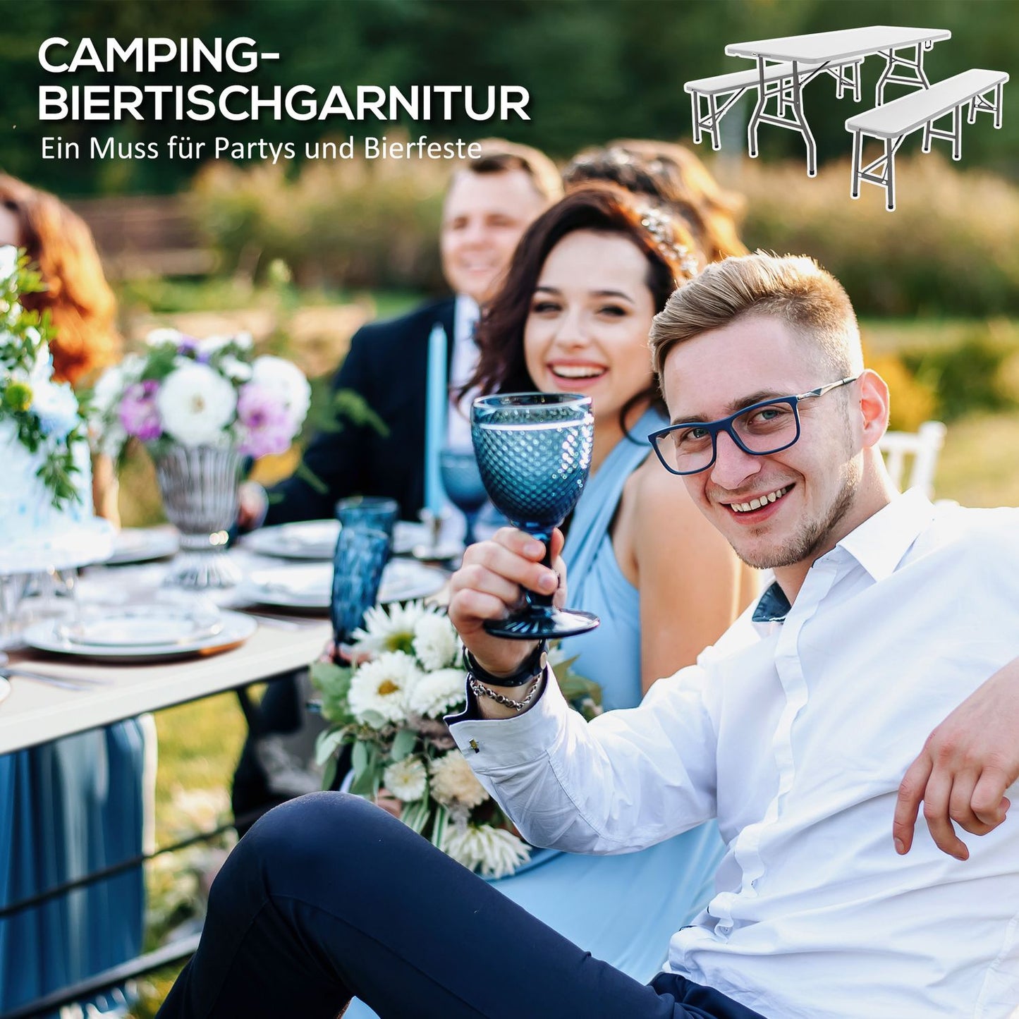 3-piece beer table set with benches, 6 seats, white HDPE